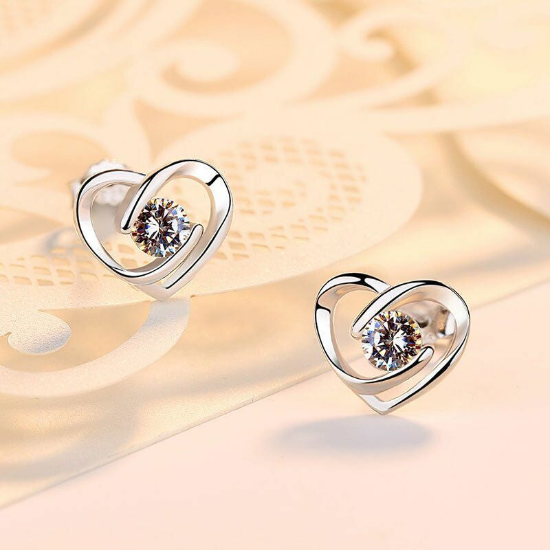 Women Crystal Heart Swirl Stud Earrings 925 Sterling Silver Jewellery Gift UK