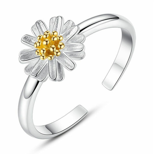 Women Girls Daisy Flower Adjustable Ring 925 Sterling Silver Jewellery Gift