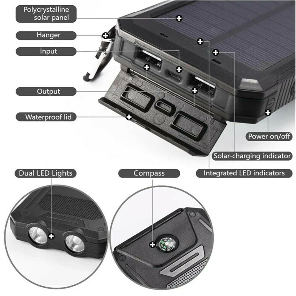 20000mAh Solar Power Bank Waterproof 2USB LED Battery Charger For Cell Phone