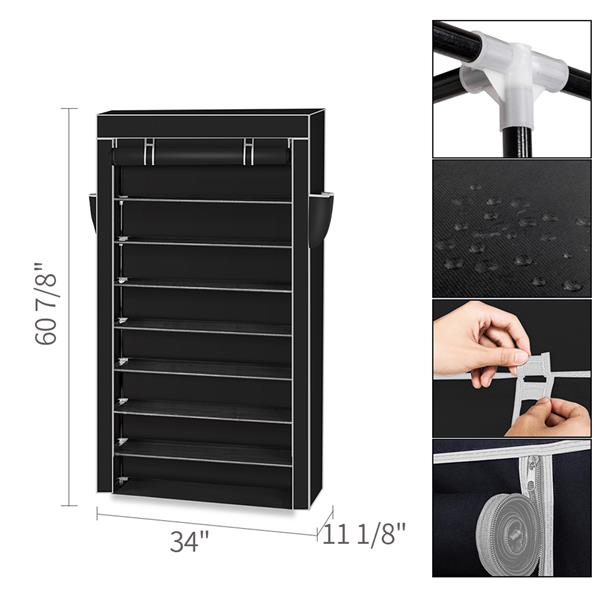 10 Tiers Shoe Rack with Dustproof Cover Closet Shoe Storage Cabinet Organizer Black