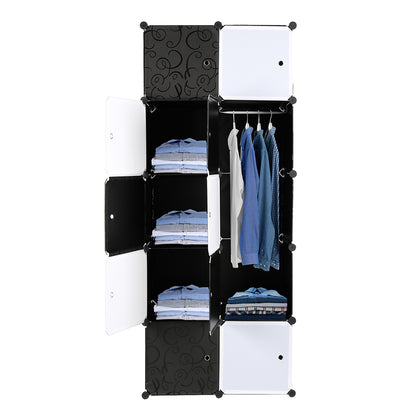 10 Cube Organizer Stackable Plastic Cube Storage Shelves Design Multifunctional Modular Closet Cabinet with Hanging Rod， Black and White