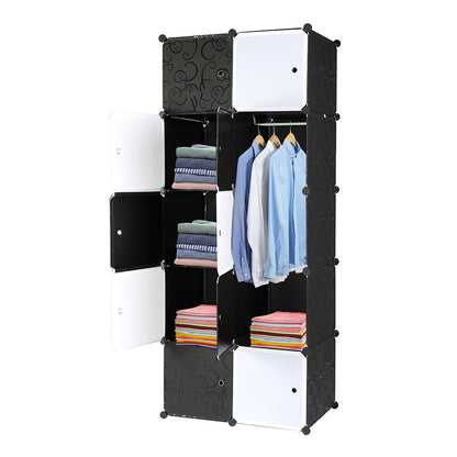 10 Cube Organizer Stackable Plastic Cube Storage Shelves Design Multifunctional Modular Closet Cabinet with Hanging Rod， Black and White