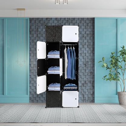 10 Cube Organizer Stackable Plastic Cube Storage Shelves Design Multifunctional Modular Closet Cabinet with Hanging Rod， Black and White