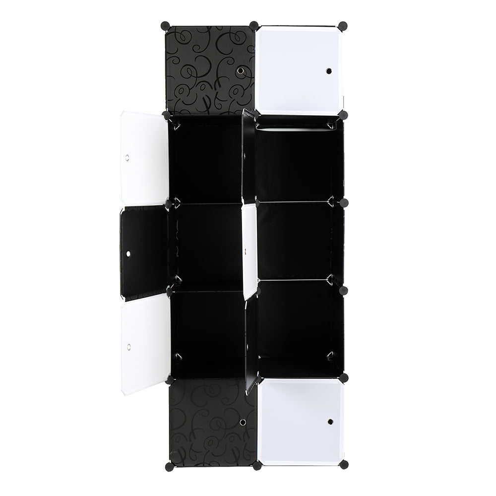 10 Cube Organizer Stackable Plastic Cube Storage Shelves Design Multifunctional Modular Closet Cabinet with Hanging Rod， Black and White