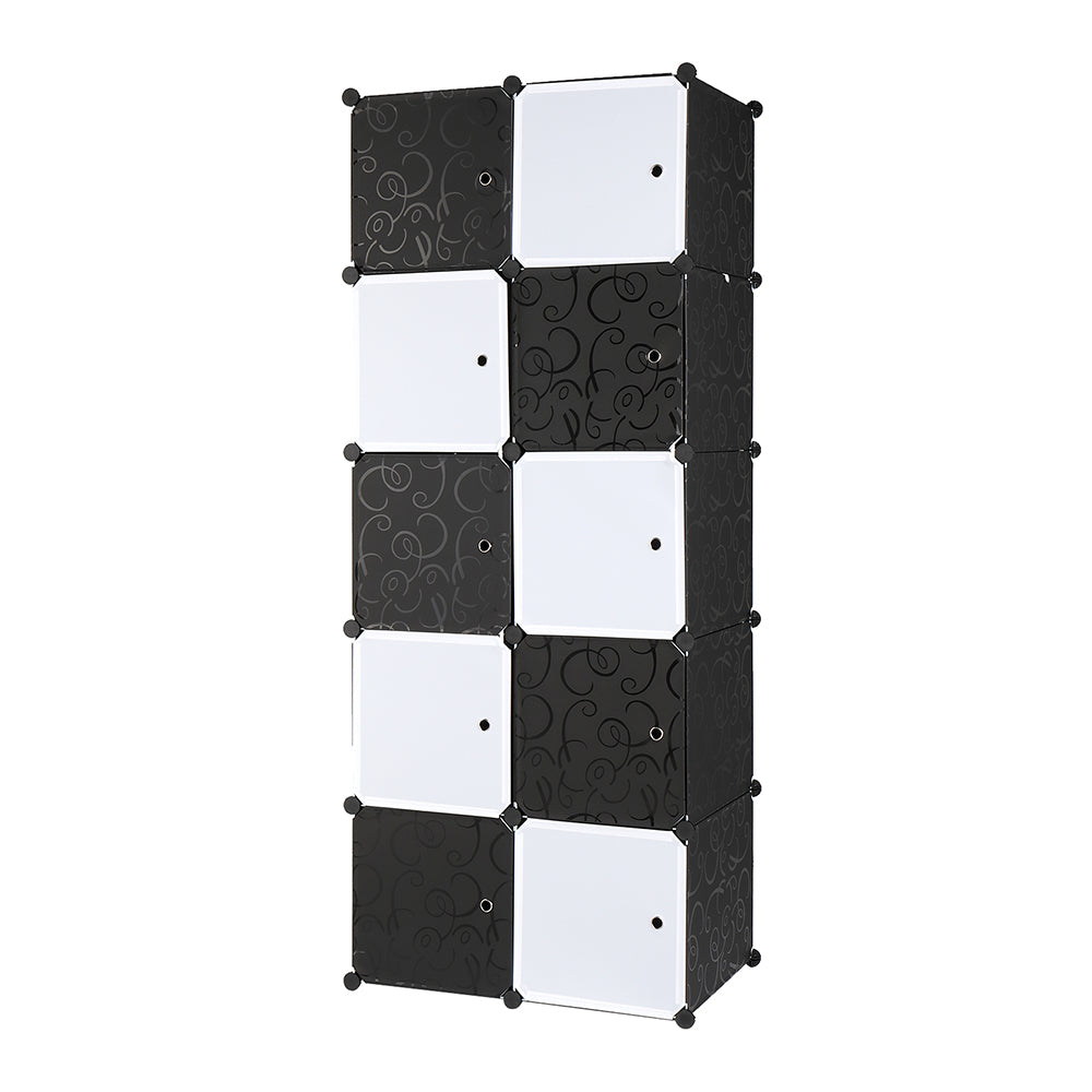 10 Cube Organizer Stackable Plastic Cube Storage Shelves Design Multifunctional Modular Closet Cabinet with Hanging Rod， Black and White