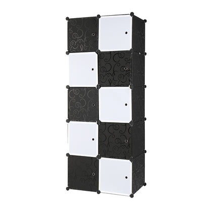 10 Cube Organizer Stackable Plastic Cube Storage Shelves Design Multifunctional Modular Closet Cabinet with Hanging Rod， Black and White