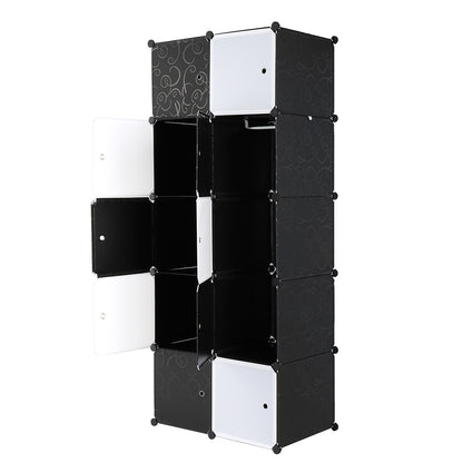 10 Cube Organizer Stackable Plastic Cube Storage Shelves Design Multifunctional Modular Closet Cabinet with Hanging Rod， Black and White