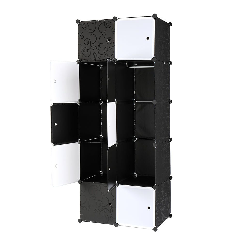 10 Cube Organizer Stackable Plastic Cube Storage Shelves Design Multifunctional Modular Closet Cabinet with Hanging Rod， Black and White