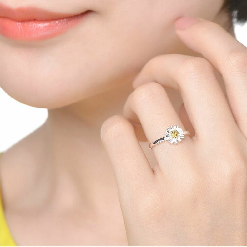 Women Girls Daisy Flower Adjustable Ring 925 Sterling Silver Jewellery Gift