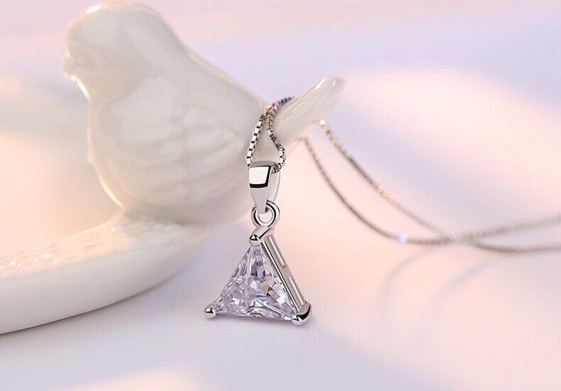 Crystal Triangle Pendant Necklace 925 Sterling Silver Women Girls Jewellery Gift