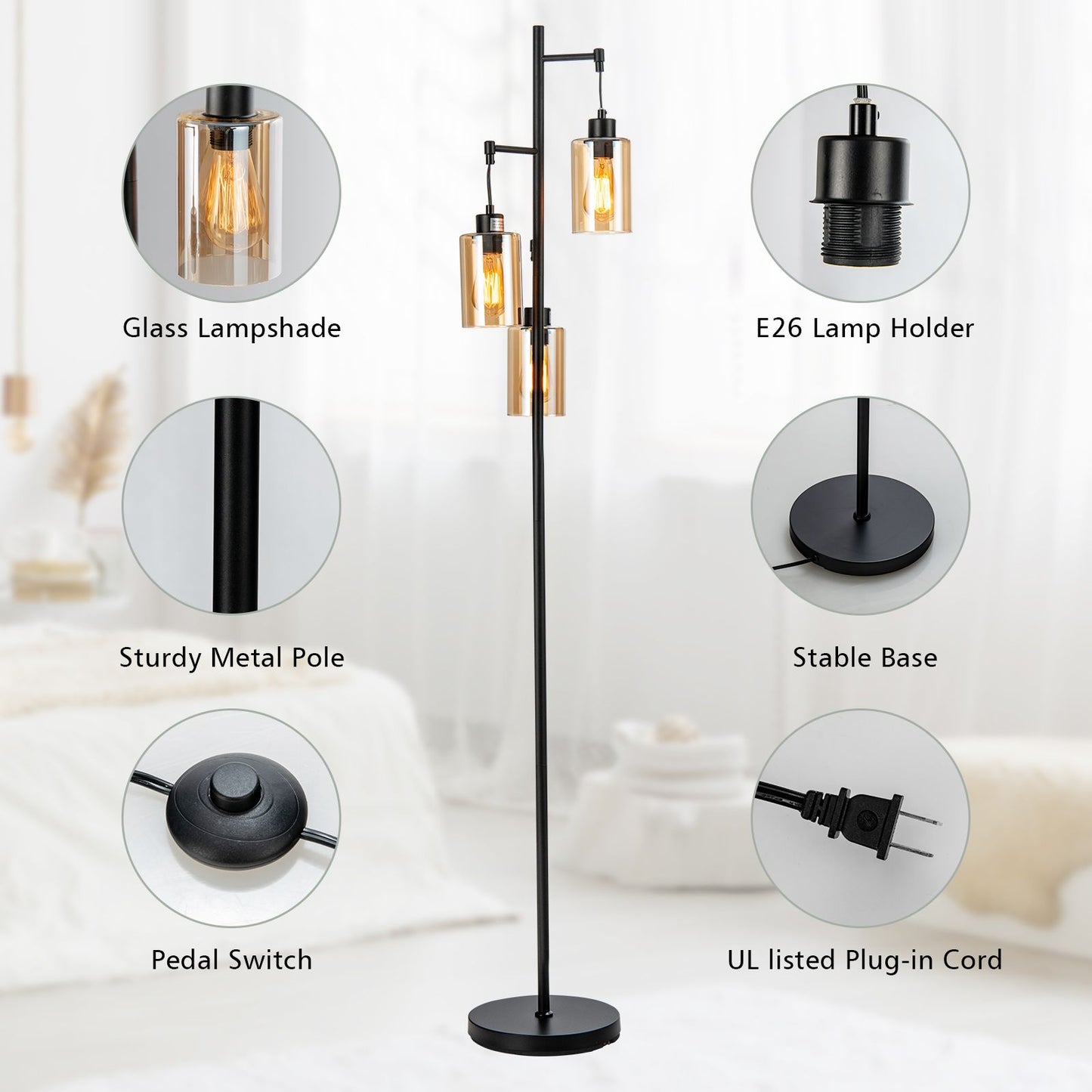 Freestanding Floor Lamp with 3-Head Hanging Amber Glass Shade