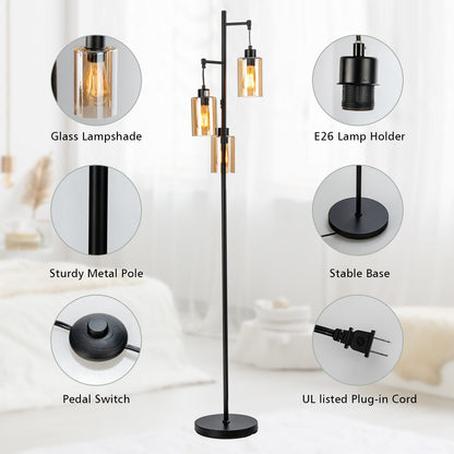 Freestanding Floor Lamp with 3-Head Hanging Amber Glass Shade