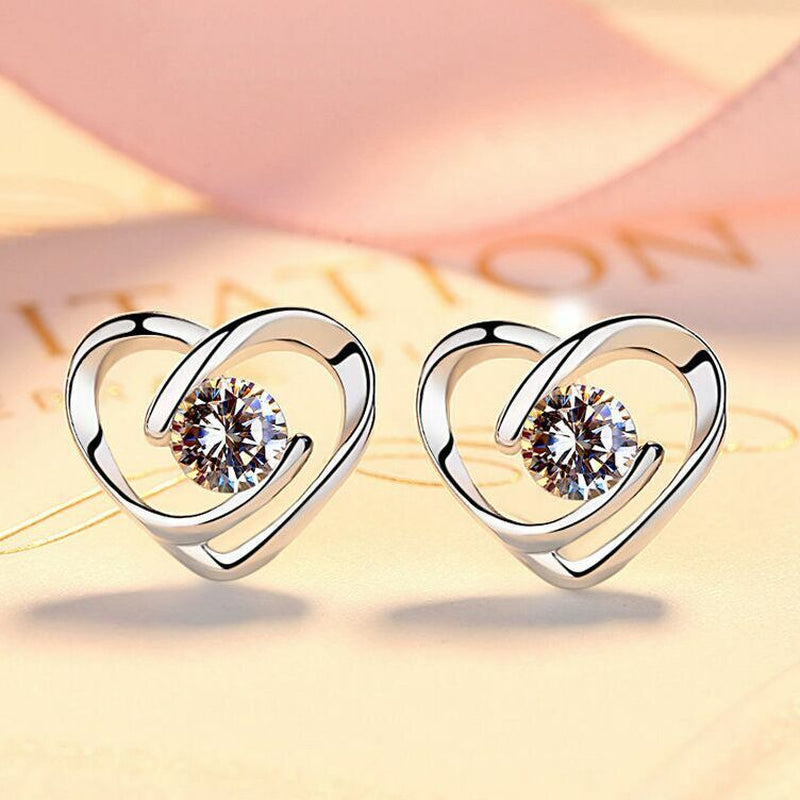 Women Crystal Heart Swirl Stud Earrings 925 Sterling Silver Jewellery Gift UK