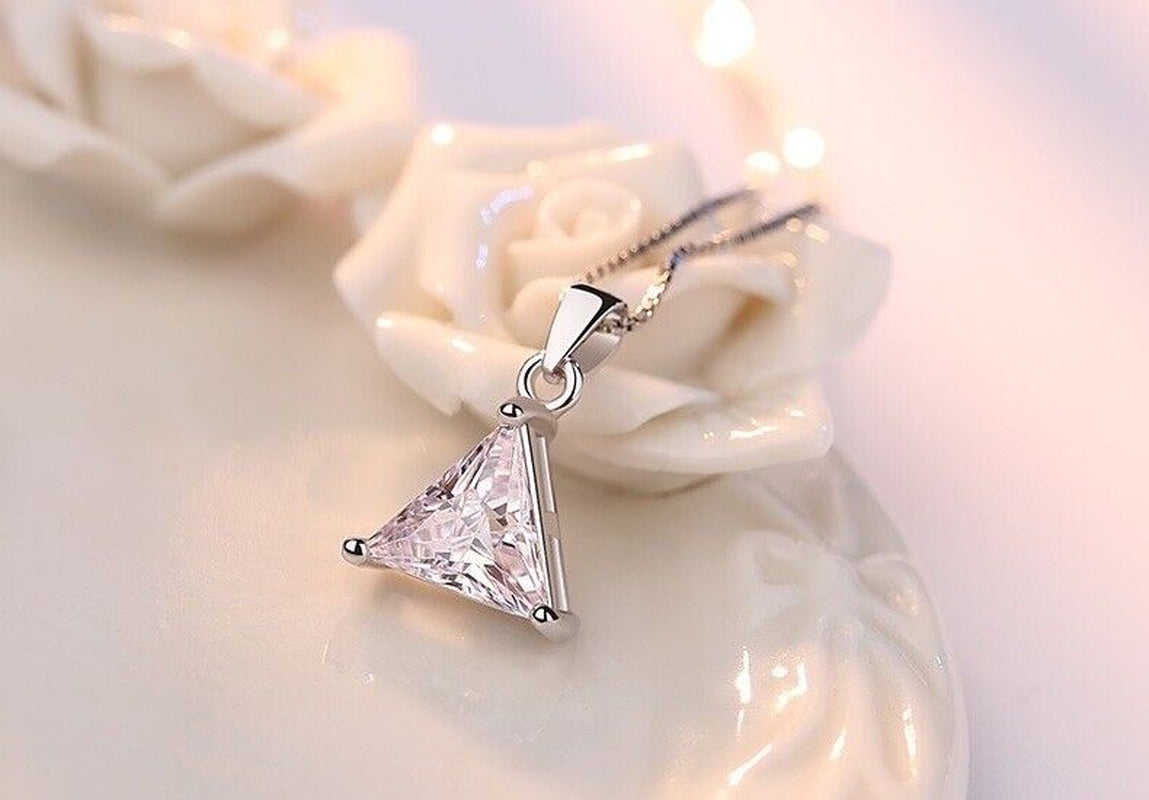 Crystal Triangle Pendant Necklace 925 Sterling Silver Women Girls Jewellery Gift