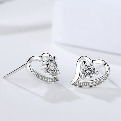 925 Sterling Silver Crystal Heart Pendant Necklace Stud Earrings Womens Gift