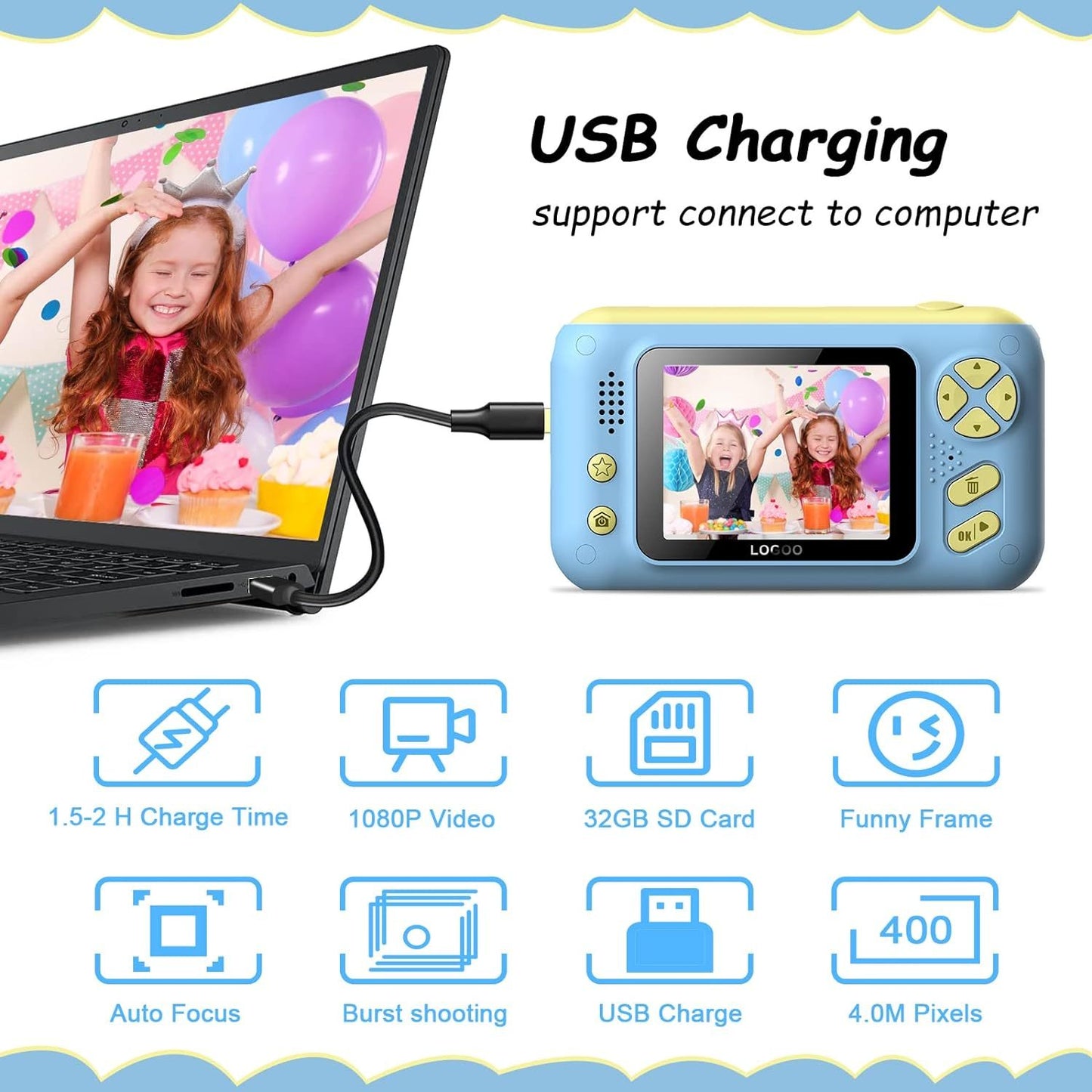 Kids Camera, Children Digital Selfie Camera For 3-12 Year Old Girls Boys With 20MP Photo Resolution, 1080P HD Video Camera With 32GB SD Card And Selfie Stick