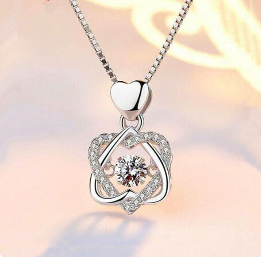 Heart Twisted Crystal Pendant 925 Sterling Silver Necklace Womens Jewellery Gift