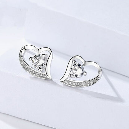 925 Sterling Silver Crystal Heart Pendant Necklace Stud Earrings Womens Gift