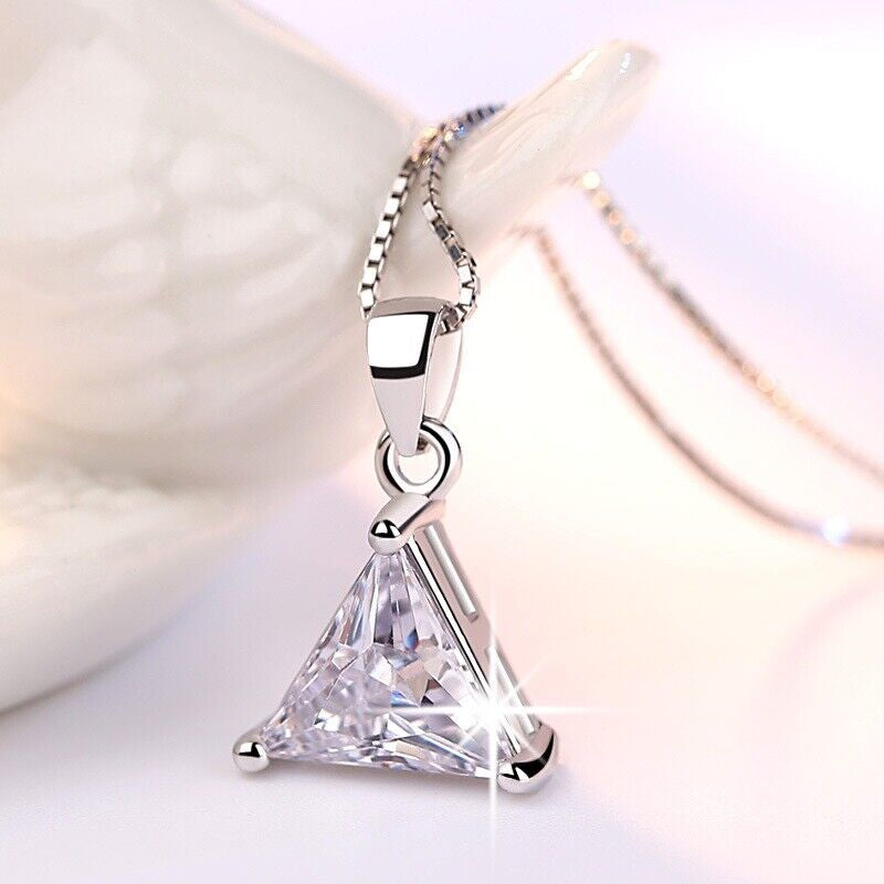 Crystal Triangle Pendant Necklace 925 Sterling Silver Women Girls Jewellery Gift