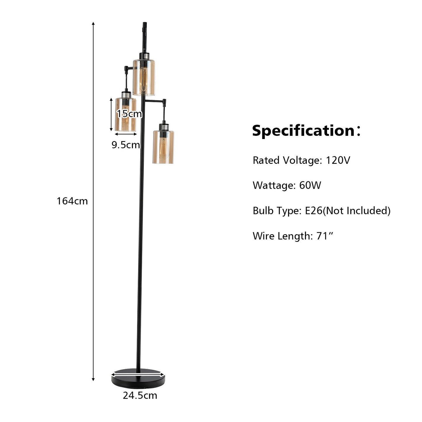 Freestanding Floor Lamp with 3-Head Hanging Amber Glass Shade