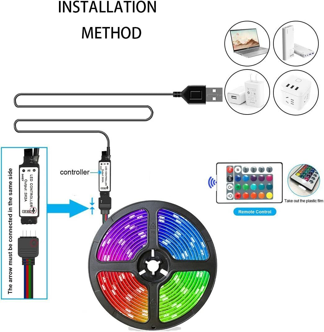 USB LED Strip Lights 5050 RGB Colour Changing Tape TV Kitchen Lighting 1-5M