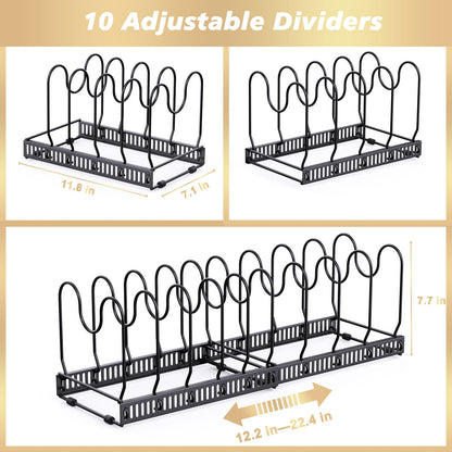 Expandable Pans Organiser Rack,Pot And Pan Lid Holder With 10 Adjustable Dividers,Bakeware Saucepan Lid Storage For Kitchen Cupboard, Black