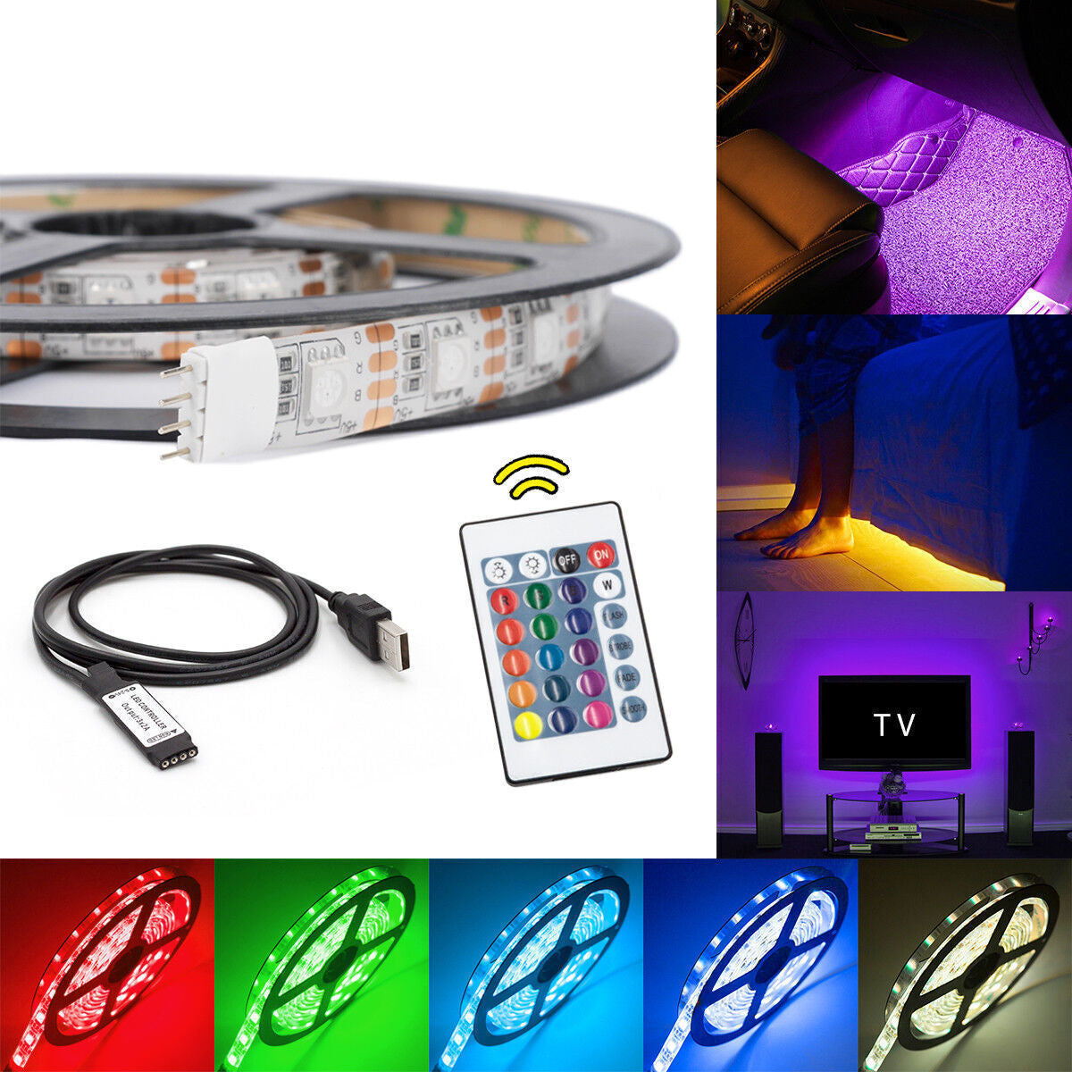 USB LED Strip Lights 5050 RGB Colour Changing Tape TV Kitchen Lighting 1-5M